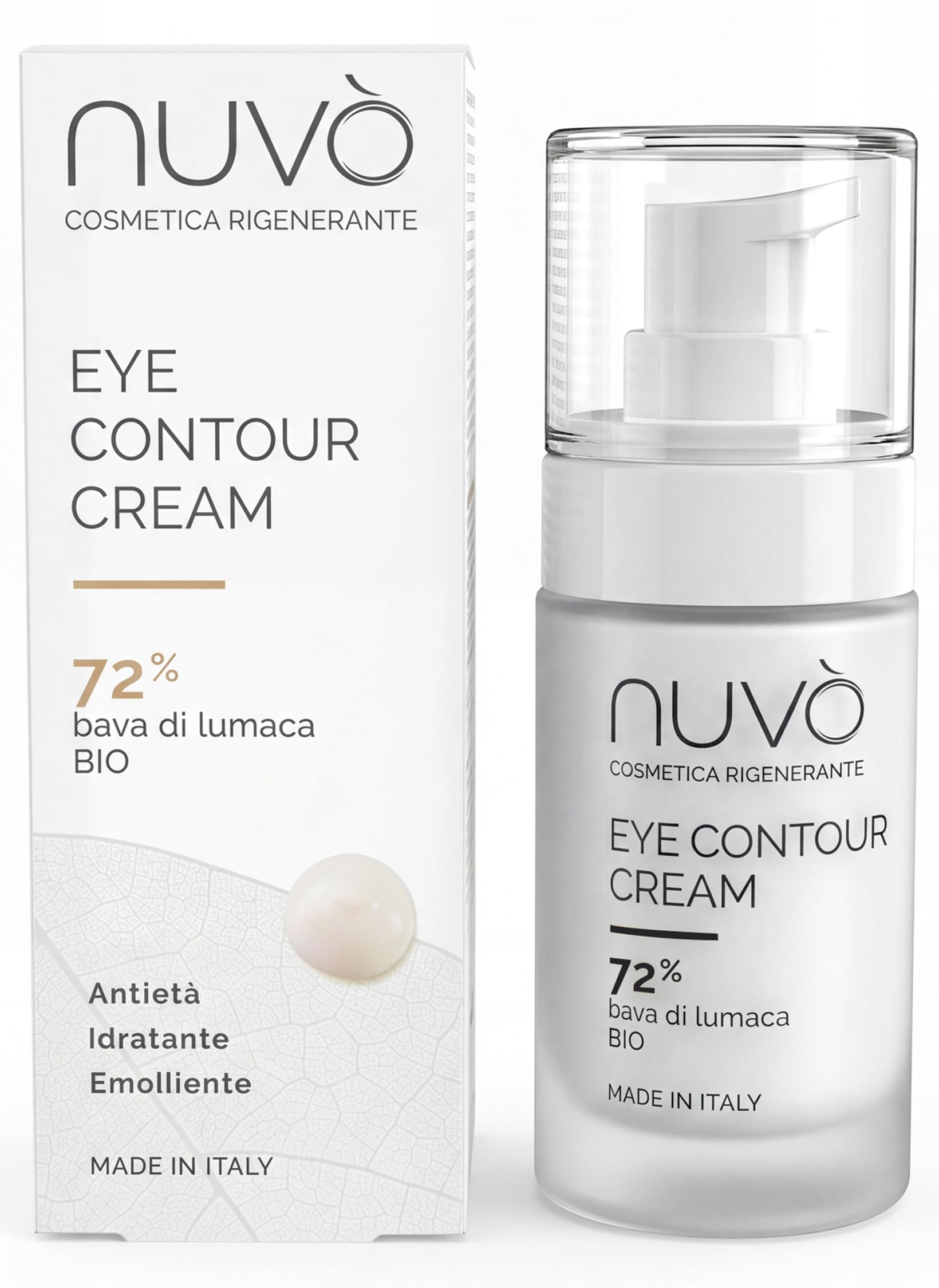 Nuvò – Crème Contour des Yeux, 30 ml, Idéale pour Poches et Cernes, Effet Anti-Âge, avec 72% Bave d'Escargot Bio, Acide Hyaluronique et Panthénol, Soin Hydratant Homme et Femme, Made in Italy