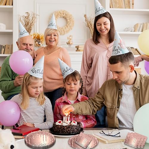 Miniatura 7 de 41 suministros de fiesta de oro rosa rosa, incluye 20 platos, 20 servilletas y 1 mantel, utilizado para decoración de fiesta de cumpleaños rosa y