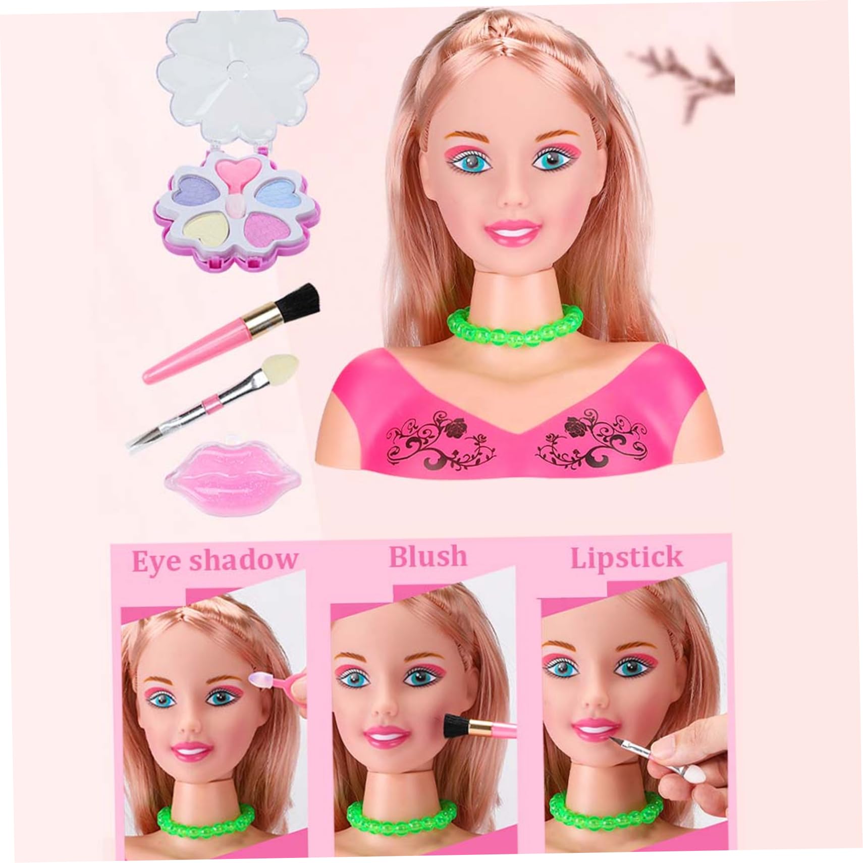 Jorzer Cabeza de muñeca para peinar el Cabello 35 Piezas/Juego de Cabeza de muñeca simulada para niños con secador de Pelo a batería Aprendizaje imaginativo y Maquillaje Juguetes para niñas Estilo 2