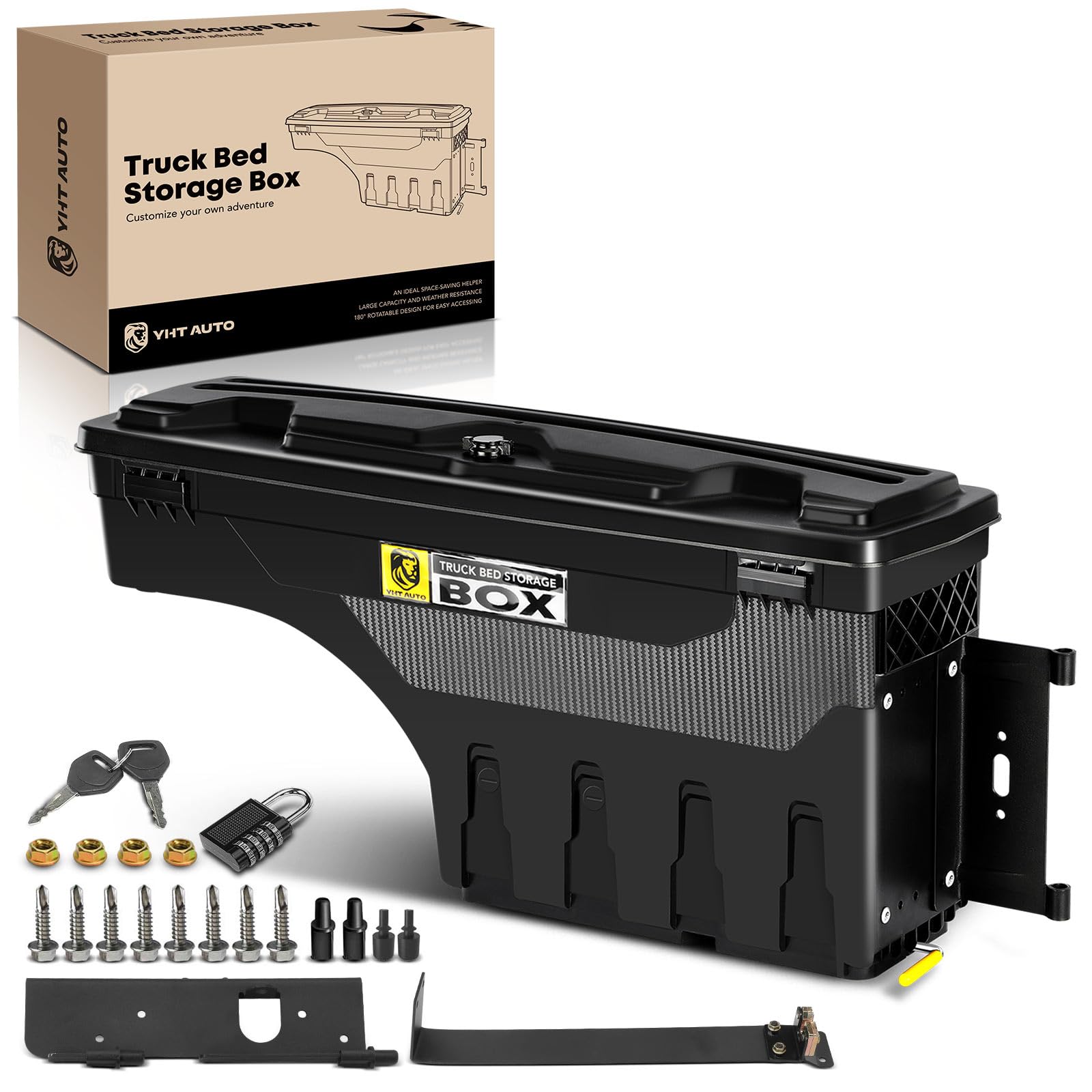 YHTAUTO Truck Bed Storage Tool Box Lockable Compatible with 1999-2016 Ford F-250 F-350 Super Duty, Passenger Side, Without Bed Rail Storage, Swing Waterproof Wheel Well Toolbox