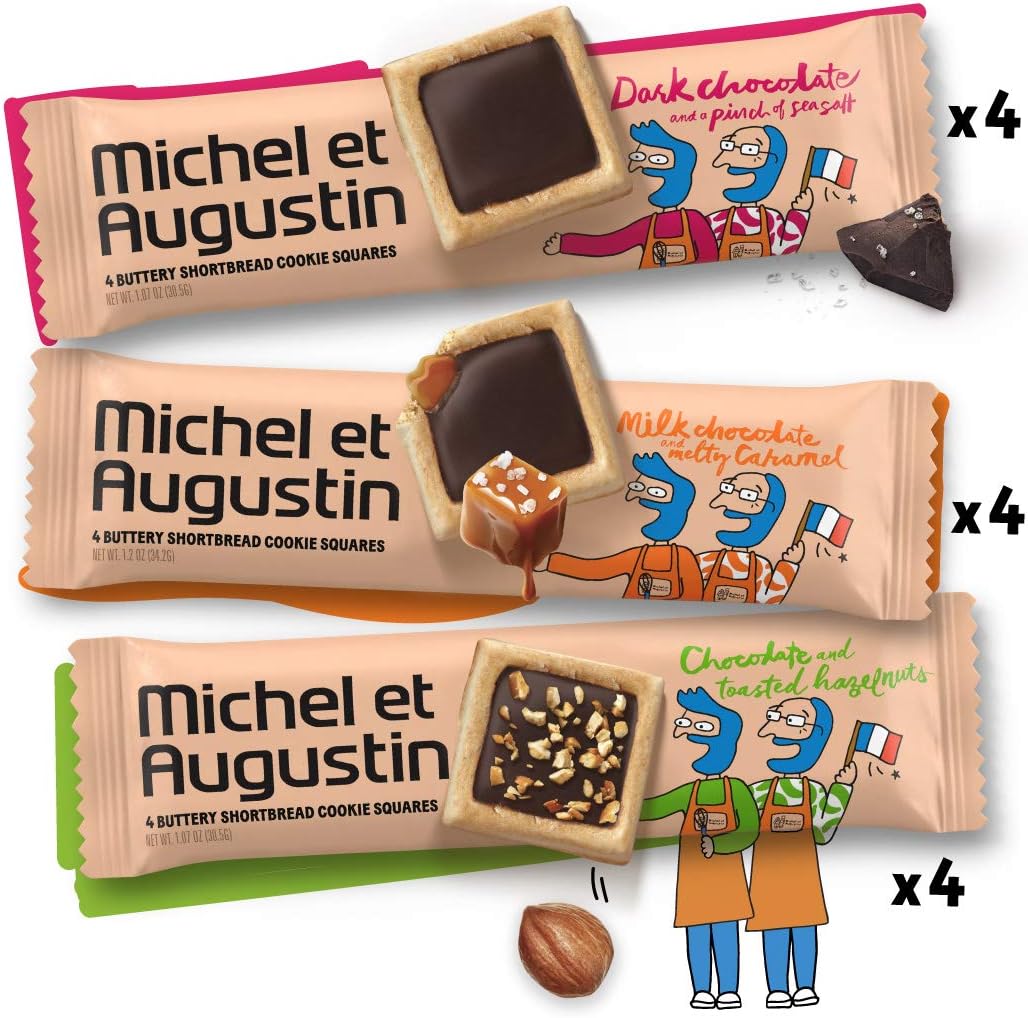 Michel et Augustin Gourmet Chocolate Cookie Squares | Individually Wrapped European Cookie Bars | 12-Bar Variety Pack | 4 French Shortbread Cookies per Bar