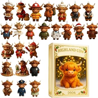 Highland Ko Jul Advent 2025 2D Akryl Prydnadsdekoration | 24 Dagar Highland Cow Hänge Nedräkningskalender För Semesterhem Bil Backspegel Fönster Vägg Familjens Semester