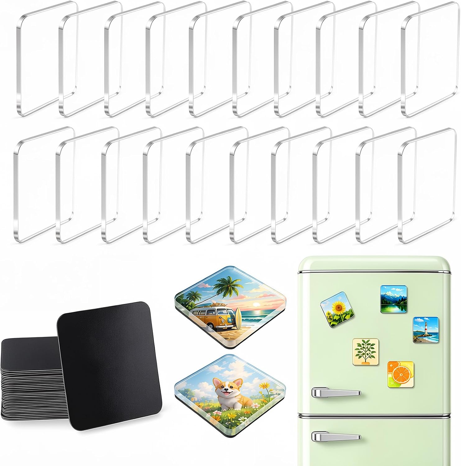 20 Pcs DIY Fridge Magnets Kit, 2"x2" Clear Acrylic Refrigerator Magnets Set with Adhesive Backing, Square Magnetic Photo Frames for Crafts, Kitchen, Classroom, Party, Office Decor