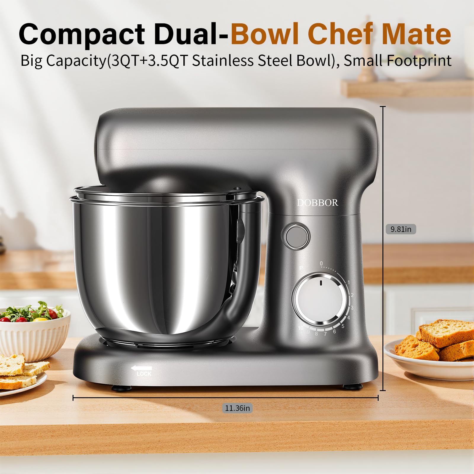 Robot Pâtissier, Robot de Cuisine Professionnel Avec bol 2,5L+ 3L, Batteur éLectrique à 10 Vitesses De 1500w - Avec Fouet à Oeufs, Crochet à PâTe Et Batteur Plat Pour La PâTisserie à La Maison