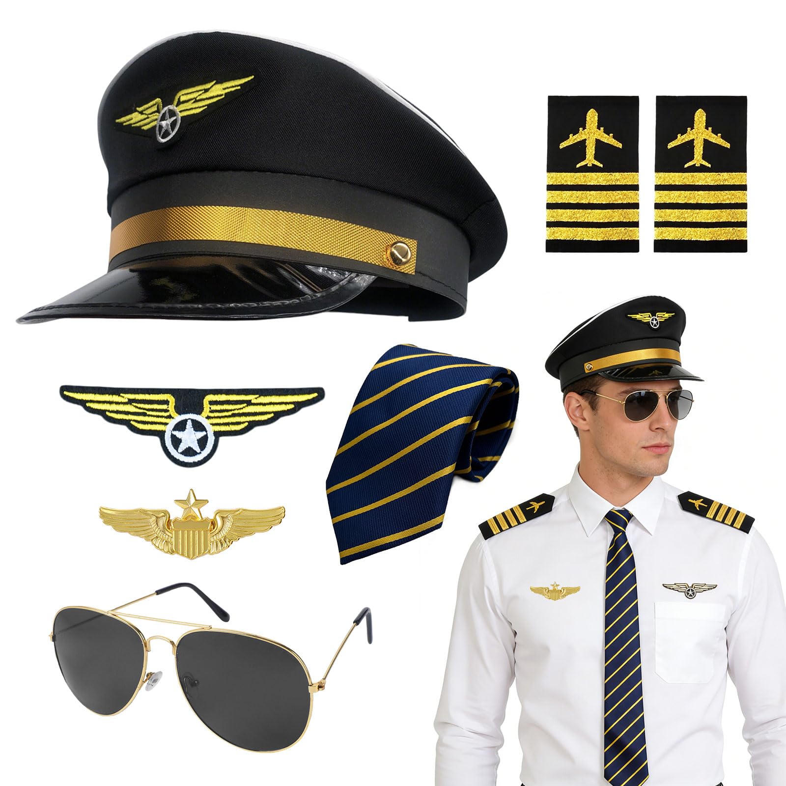 GYIOFAI 7 Pcs Pilot Captain Hat Costume Accessories Set,Halloween Military Airplane Captain Costume Fancy Dress Kit