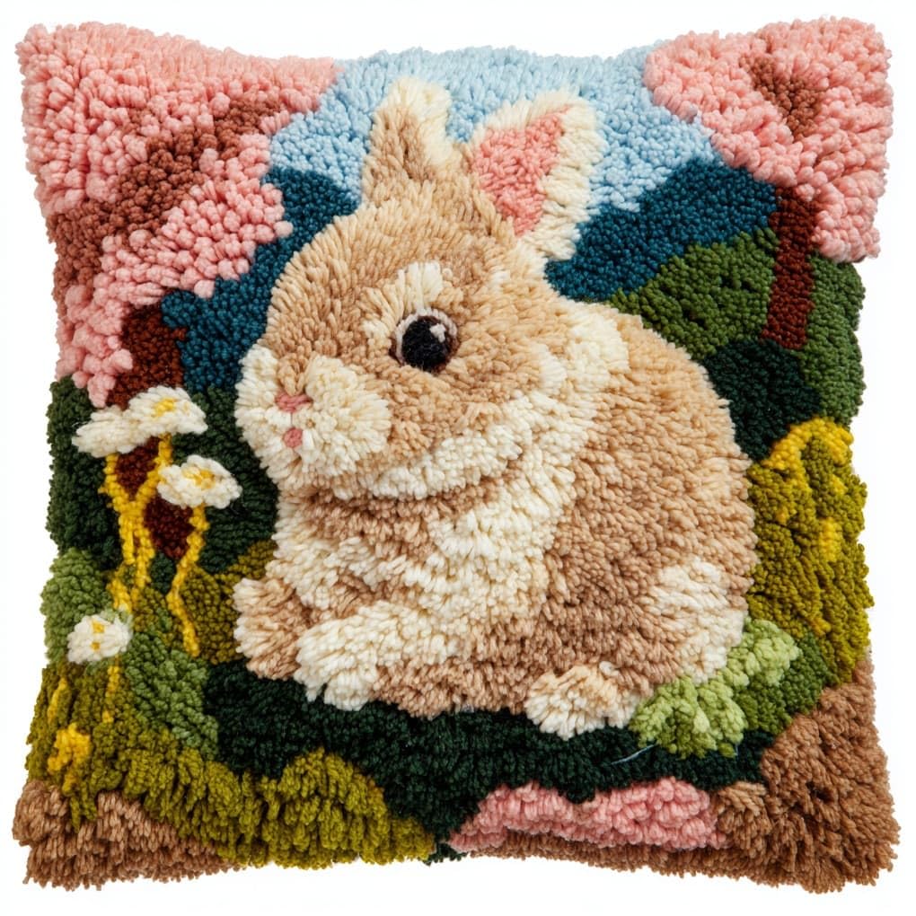 Henypt Latch Hook Craft Cushion Kit 43x43cm,Animal Rabbit Pillow Cover Needlework for Bedroom Lounge,Easy to Make Starter Set for All Ages