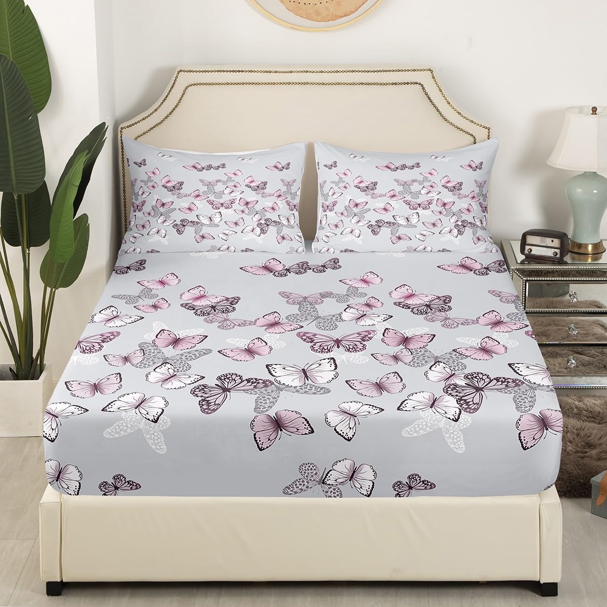 Homemissing Butterfly Bed Sheet Set King Size for Girls Adults Women Kids Butterflies Print Bedding Set Princess Style Sheet with Deep Pocket Fitted Sheet+2 Pillowcase Animal Theme Bed Sheet Set - Image 3