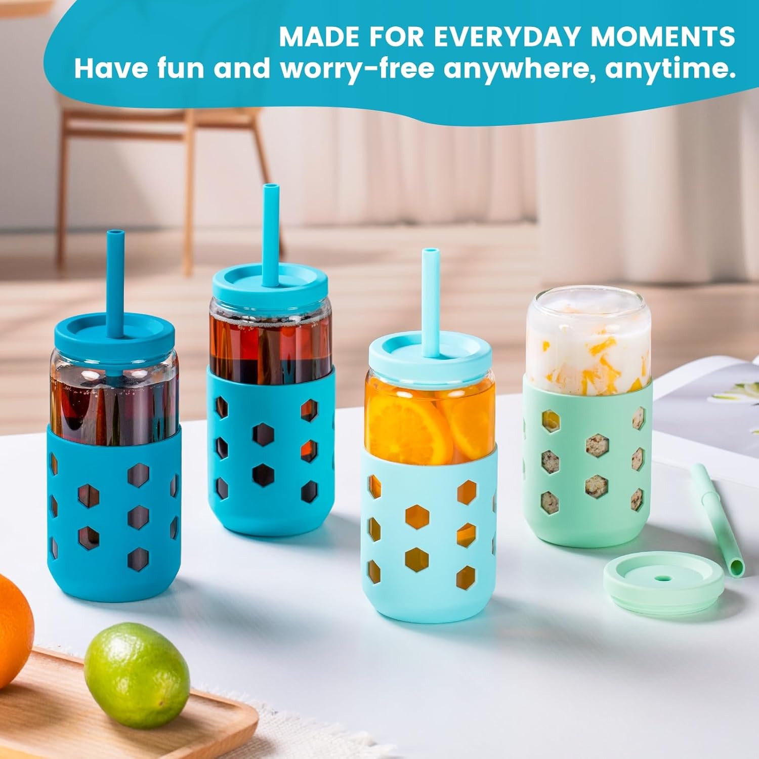 16 oz Glass Cups With Lids and Straws, 4-Pack Iced Coffee Cup - Smoothie Cup With Silicone Lid and Sleeve for Coffee Bar Accessory, Cute Drinking Glasses Set Reusable Glass Tumbler for Gifts - Image 9