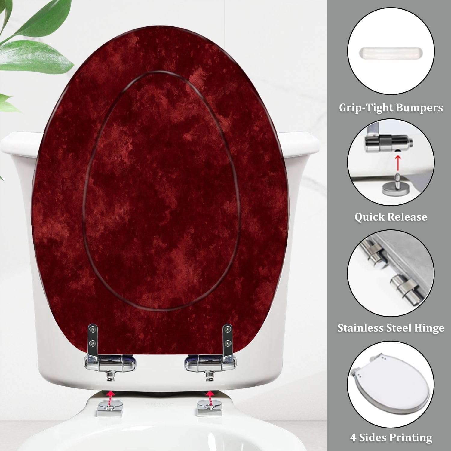Elongated Toilet Seat Red burgundy leather effect watercolor Resin Toilet Seat Quietly Close Quick Release Hinges with Cover Bumpers Decorative Easy to Install Clean