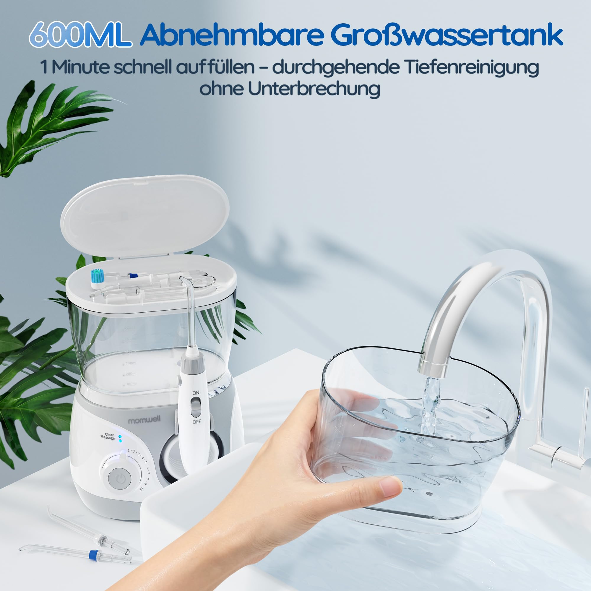 Mornwell Idropulsore Dentale Professionale Elettrico con 10 Livelli di Pressione, 6 Ugelli, 2 Modalità & Serbatoio 600ml, con Timer Integrato (Large A)