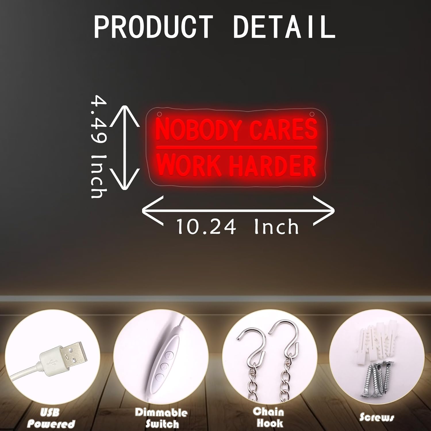 Nobody Cares Work Harder Neon Sign, LED Wall Light for Gym Wall Art, Bright Gym Motivational Wall Art for Home Gym & Fitness Rooms, Inspirational Motivational Wall Decor, USB Powered Acrylic Sign