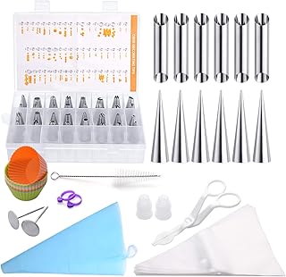 Sponsored Ad - Cake Decorating Cream Icing Piping Tip Nozzles Set and 5inch Length Cream Horn Forms 12pcs Cannoli Croissan...