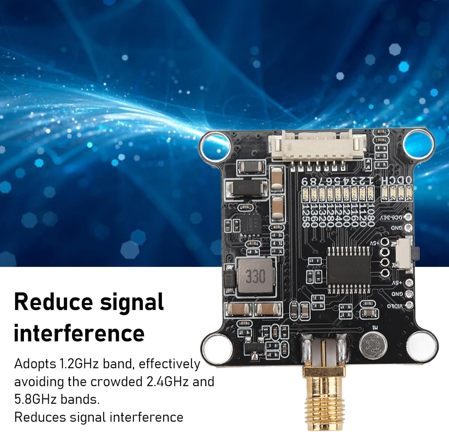 Top view of Yoidesu 1.2G VTX module showing channel indicators