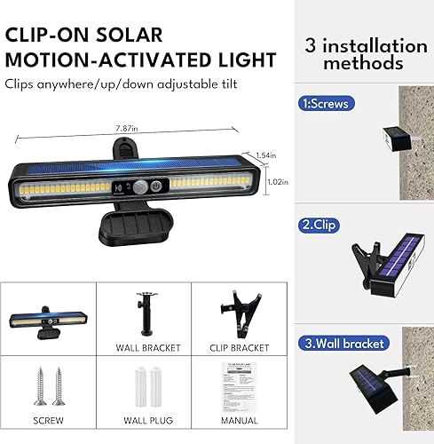 Miniatura 5 de Luces solares de movimiento con clip para exteriores, 36 LED 6500K impermeables, 2 paquetes de 3 modos de luces de seguridad para valla, patio,