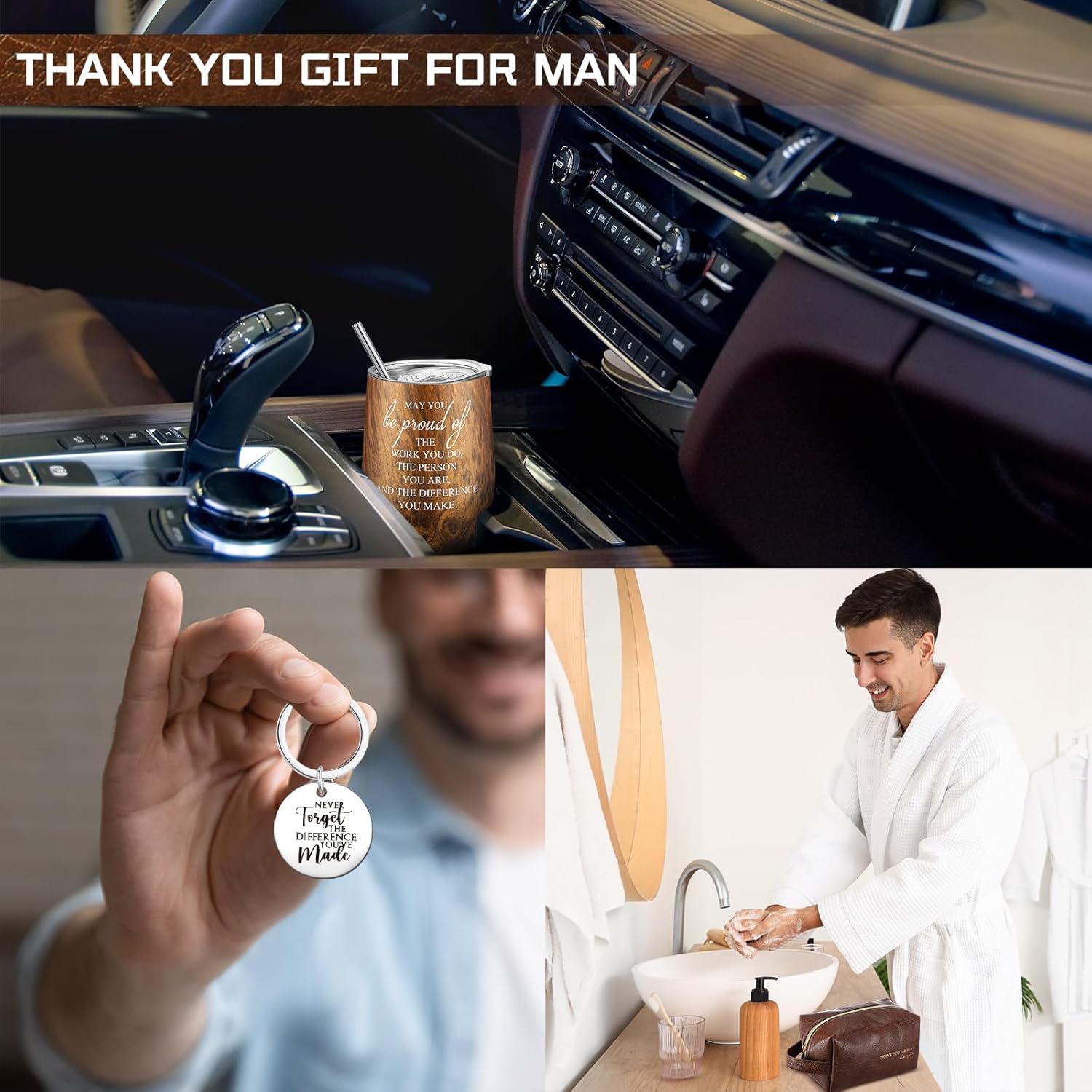 Dandat Set of 3 Male Teacher Appreciation Gifts Father's Day Travel Leather Toiletry Bag 12oz Stainless Steel Tumbler with Keychain for Coworker Principal Male Nurses Employee Staff