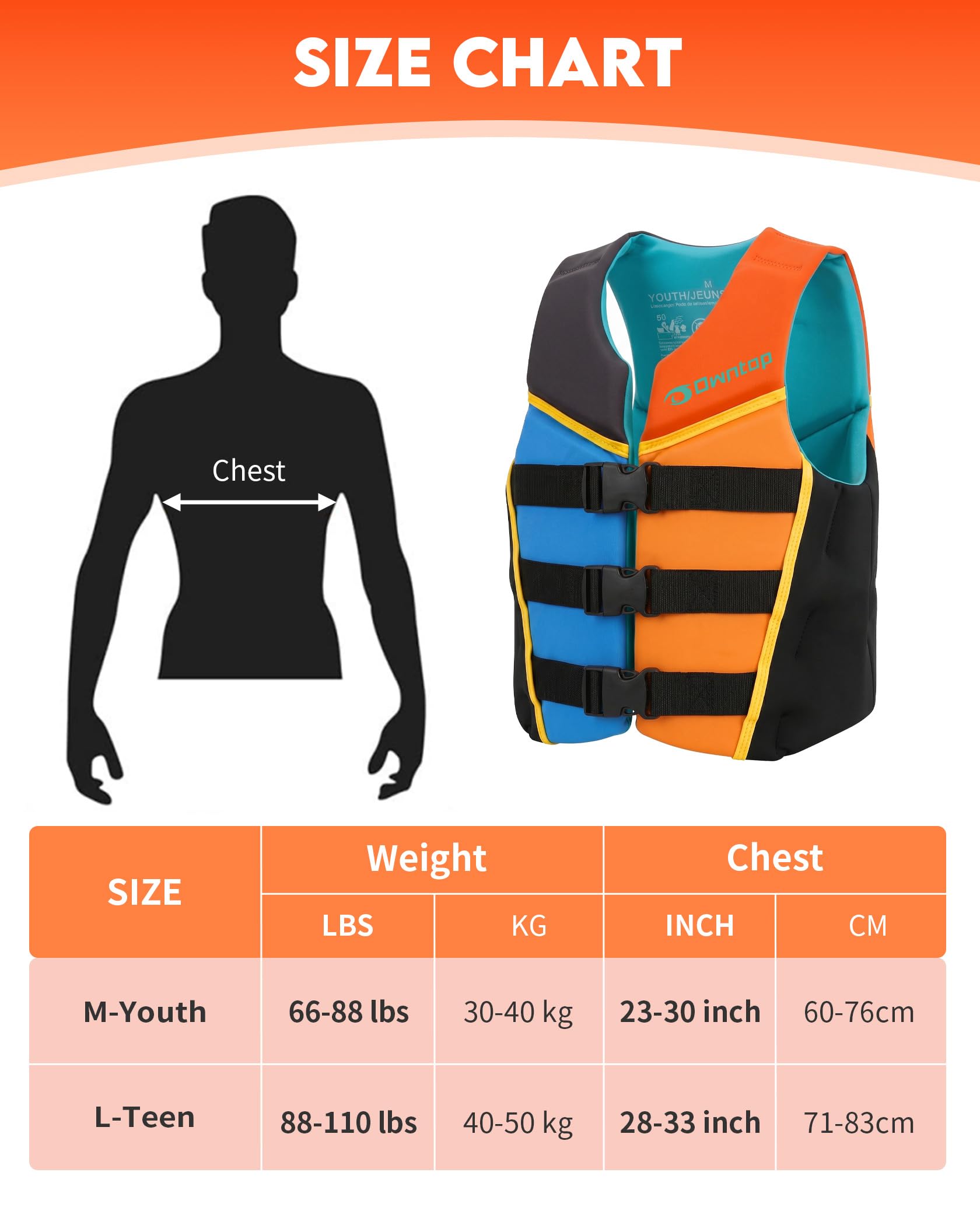 Owntop Gilet da Nuoto Junio, Aiuto al Galleggiamento in Neoprene per Ragazzi e Bambini con Tre Cinghie di Sicurezza Regolabili, Gilet Galleggiante Leggero per Kayak, Barca e PaddleMulticoloreL