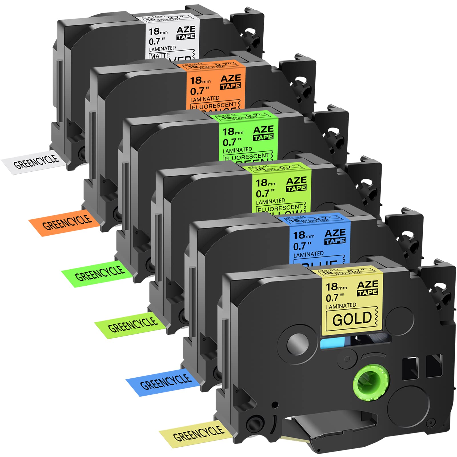 GREENCYCLE Compatible for Brother P-Touch TZ TZe Label Tape 18mm 0.7" 3/4-Inch Black on Fluorescent Orange/Yellow/Green/Matte Silver/Blue/Gold for