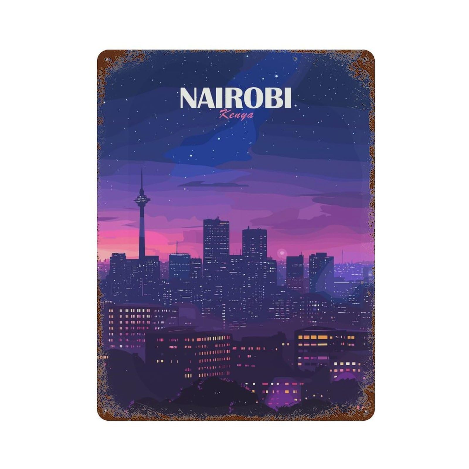 Nairobi, Kenya Cityscape at Night Rusty Metal Tin Sign 15.7"x11.8", for Pub, Kitchen And Man Cave Decor, Farmhouse Wall Decor