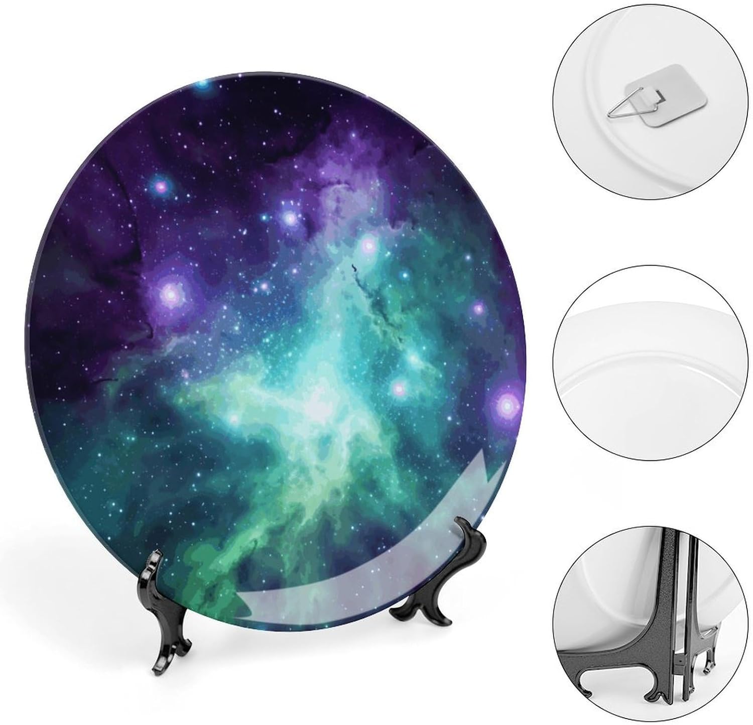 Green Blue Purple Galaxy Decorative Plates for Display Round Porcelain Plate Living Room Table Ceramic Hanging Decorative Plate Art Decor for Living Room Table with 1 Display Stand 8inch