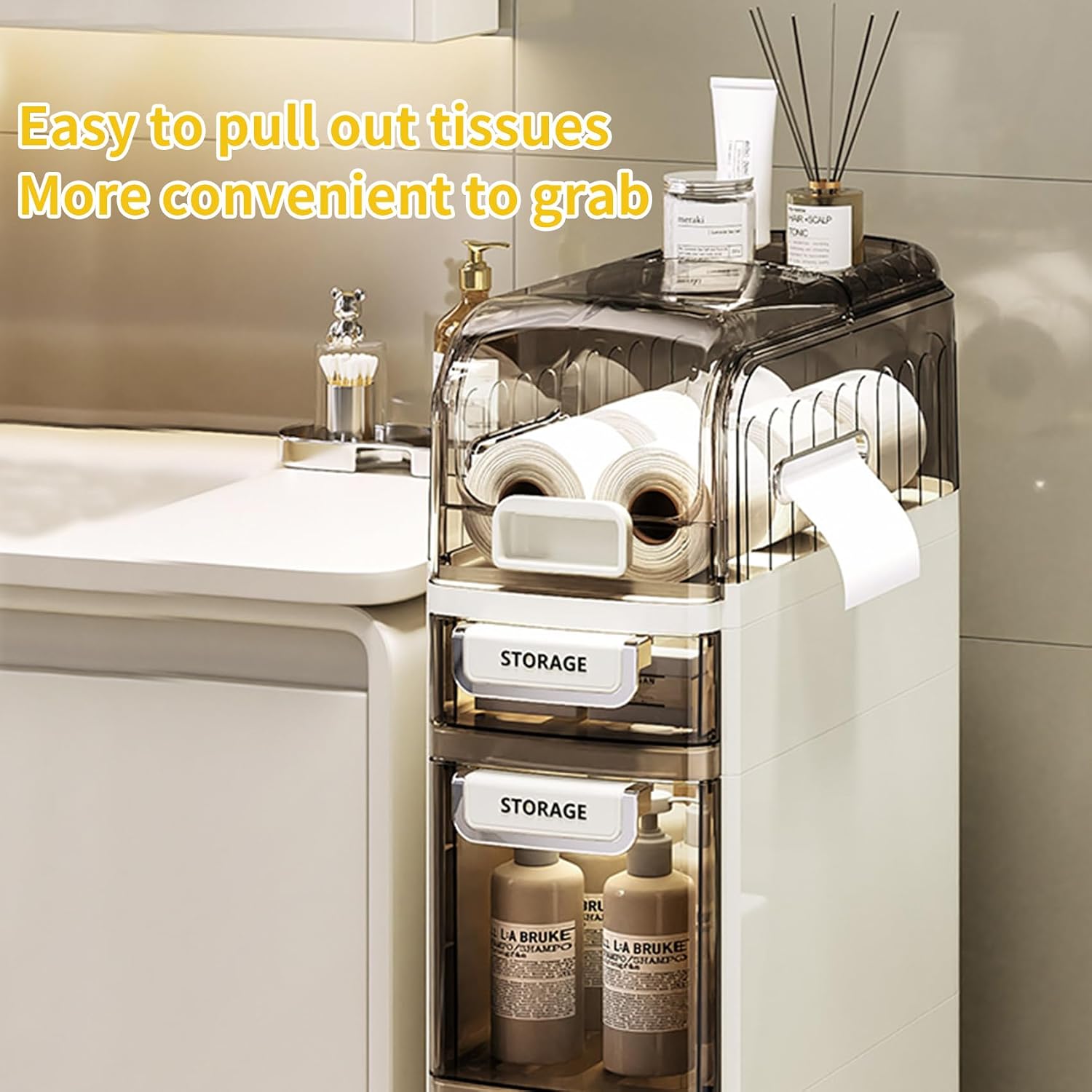 Raoqao 4-Tier Tall Narrow Storage Cabinet,Slim Bathroom Cabinet with Transparent Drawers，Plastic Storage Cabinet for Bathroom, Kitchen, Living Room,7.09 inch(No Assembly Required)