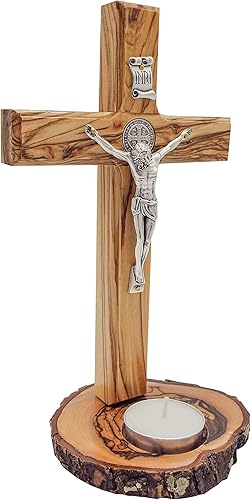 Miniatura 4 de Medalla de cruz y bendición de madera de olivo (8 pulgadas), cruz de madera con base para portavelas