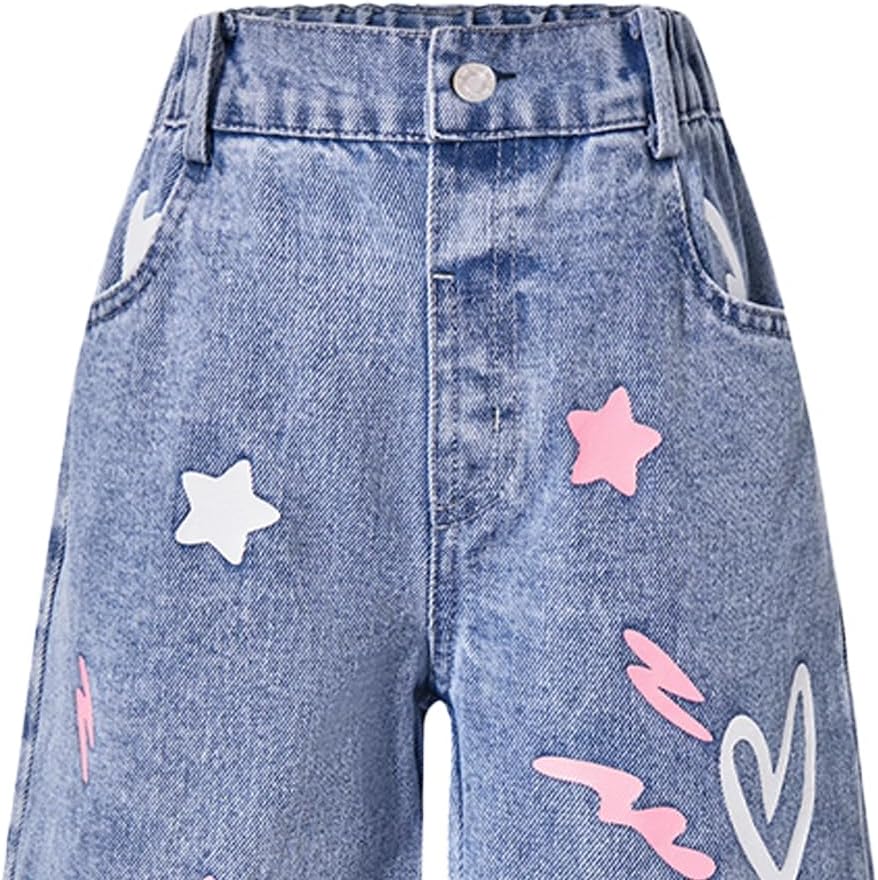 Nivne Tco Toddler Girls Baggy Jeans Cute Heart Print Frayed Edge Elastic Waistband Loose Fit Wide Leg Denim Pants