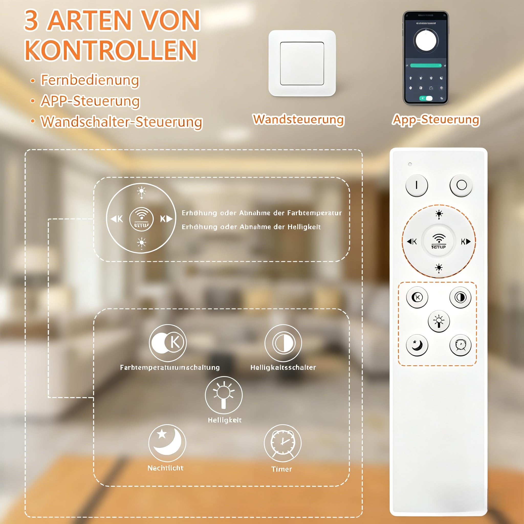 LED Deckenleuchte Dimmbar, 45-65W Schlafzimmer mit Fernbedienung und APP, Wohnzimmerlampe Deckenlampe moderne Deckenbeleuchtung Deckenbeleuchtung Kronleuchter Dimming Lampe Ceiling