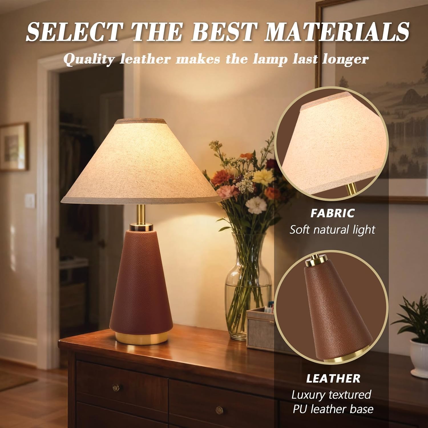 18.11 Inch Brown Table Lamp, Farmhouse Table Lamps with Beige Fabric Shade, PU Leather for Kitchen Counter, Bedroom, Nightstand, Desk Lighting, Bookshelf, Living Room, Kids Dorm