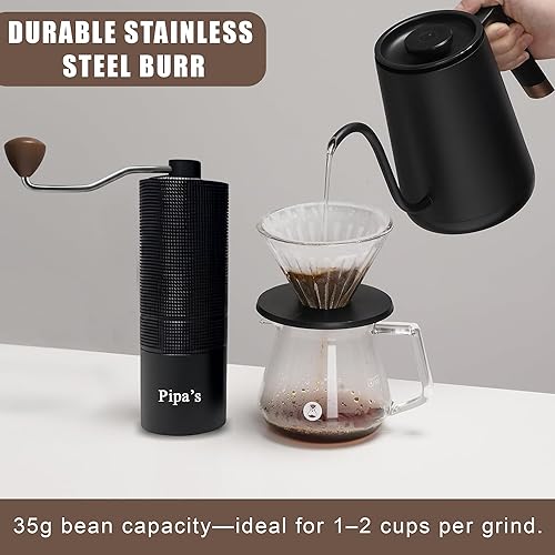 Miniatura 5 de pipa's Molinillo de café manual ajustable de acero inoxidable con cepillo, capacidad (1.33 onzas), ligero y fácil de limpiar, molinillo de café de