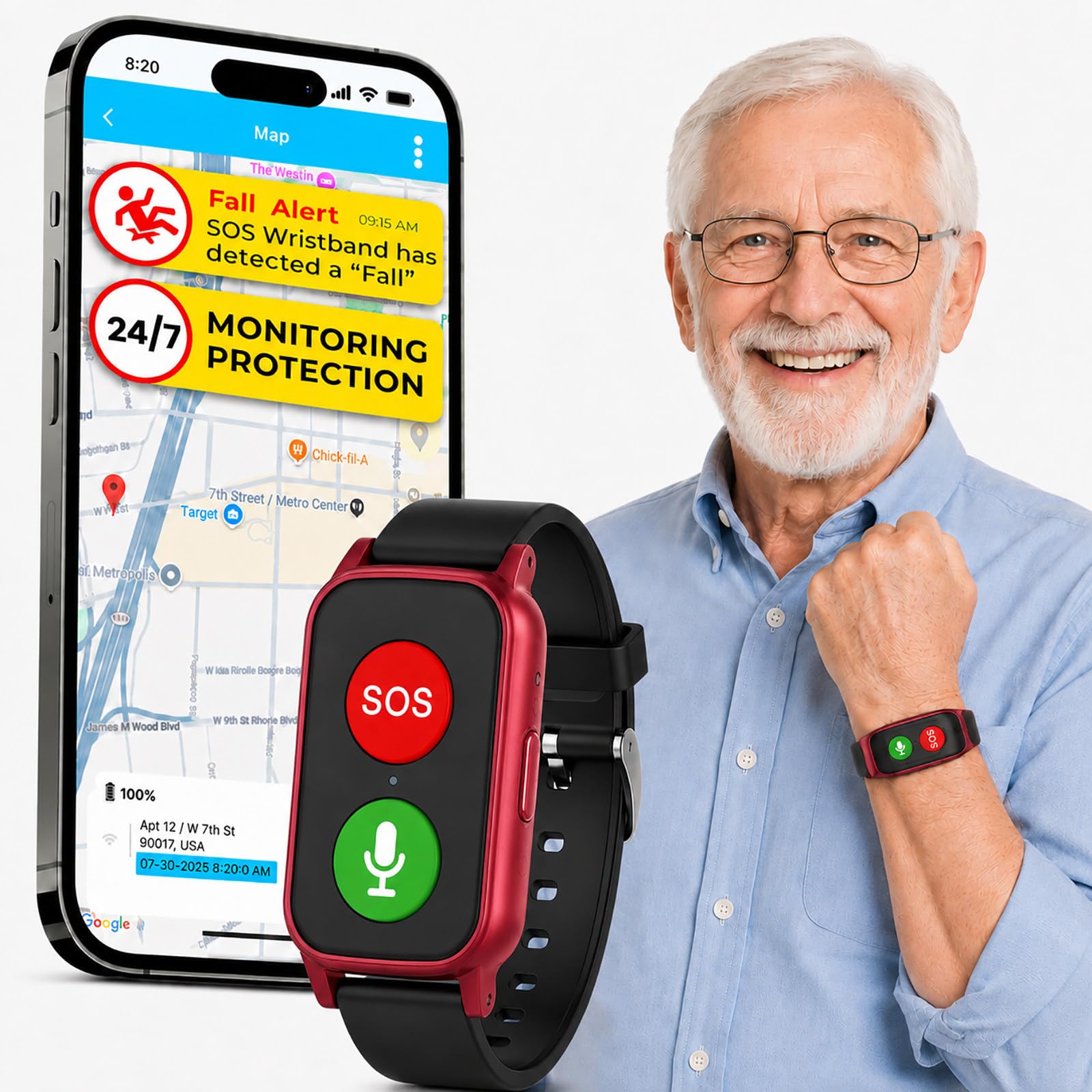 Montre GPS pour Seniors - Bouton SOS, Localisation 4G, Appels Vocaux Bidirectionnels, Alerte de Zone et Alerte de Chute Red