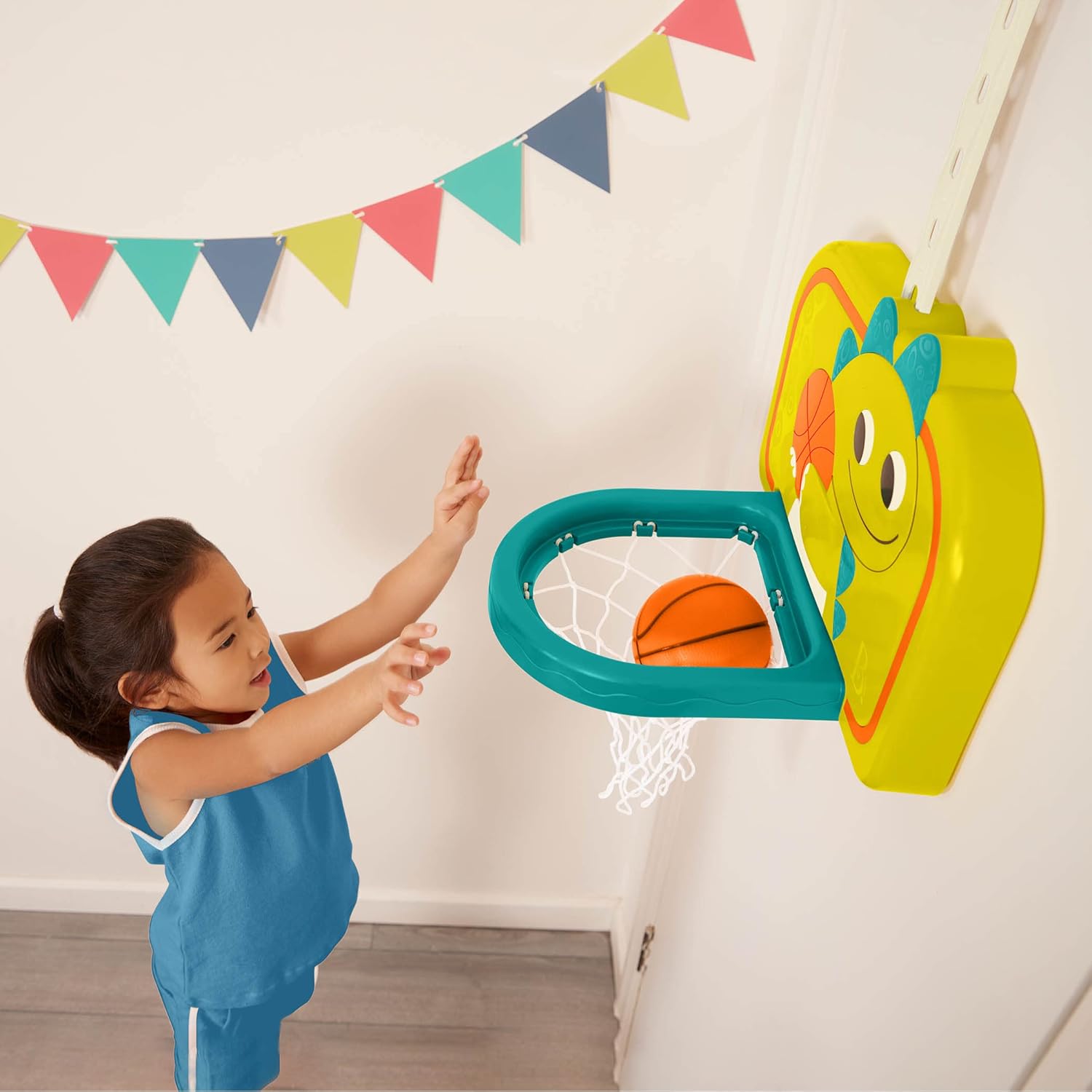 B. toys – Hanging Basketball Net – Adjustable Height – Mini Ball & Air Pump – Sports Toys & Active Play – 3+ Years– Dinosaur Dribbler