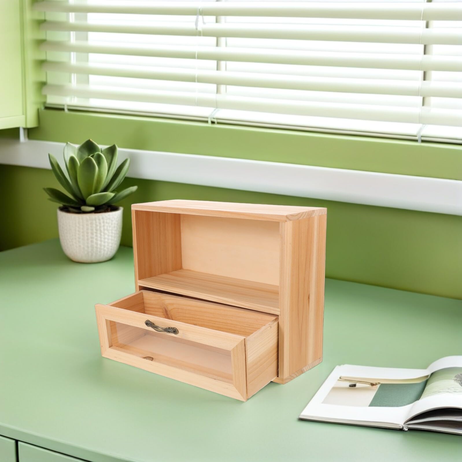 Schubladenbox aus natürlichem Holz für Büro, 2 Schubladen, Aufbewahrung für Kosmetik, Schreibtischzubehör und Heimdisplay, multifunktionales Kaktus-Design-Möbel