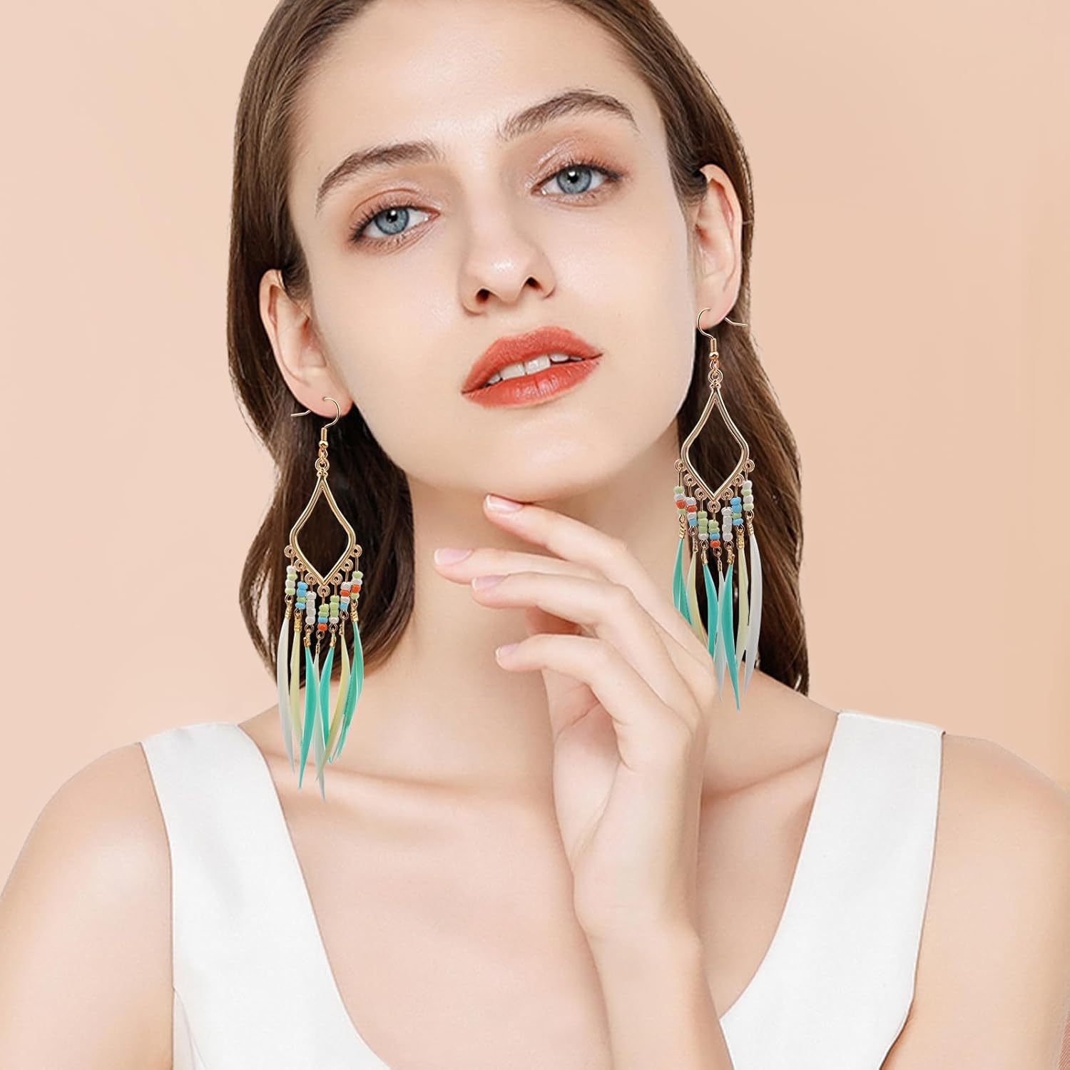 3 Pairs Bohemian Earrings for Women Long Beaded Feather Tassel Dangle Earrings Retro Multicolor Fringe Drop Earrings with Seed Beads Handmade Statement Jewelry Gift Set - Image 6