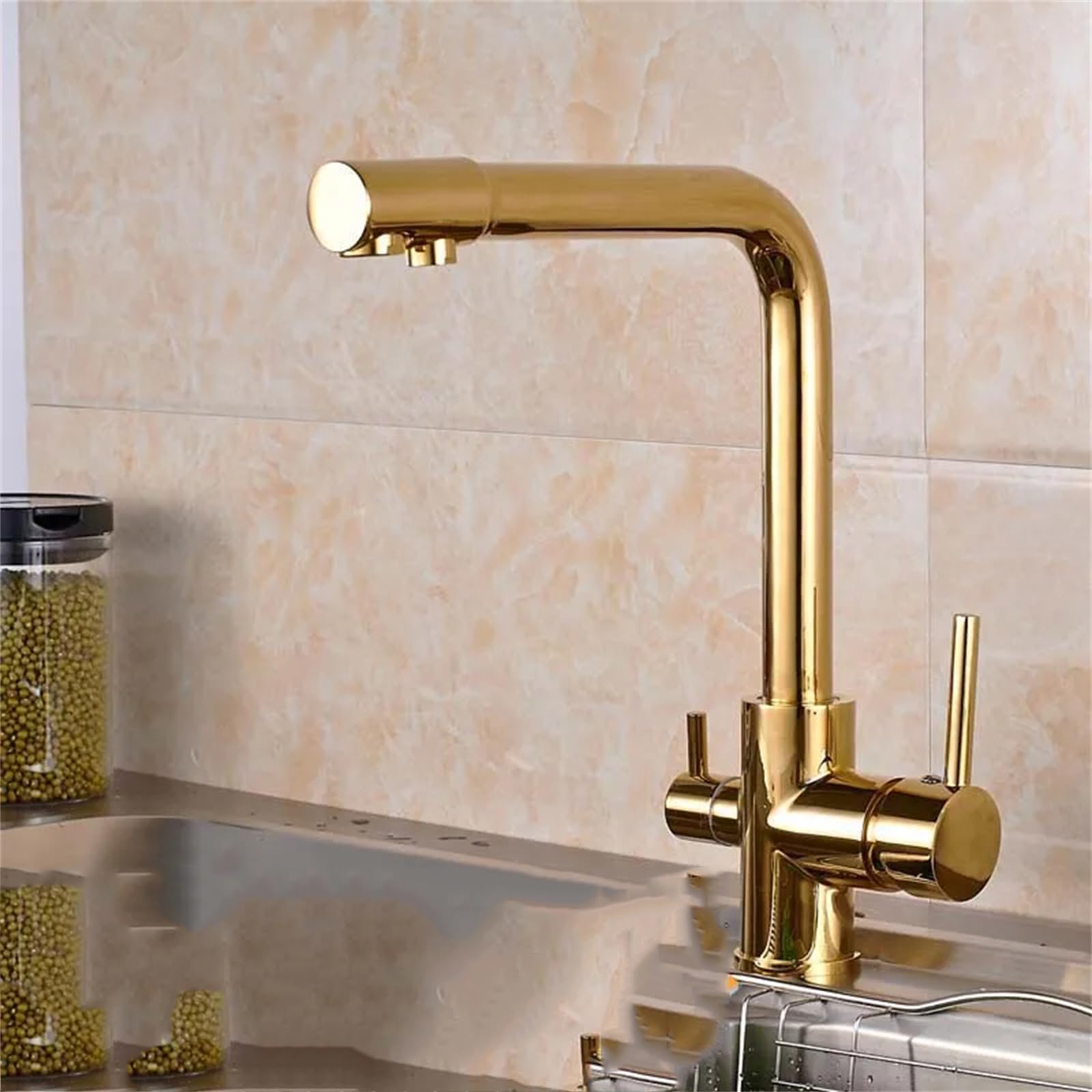 Kitchen Faucet,Chrome Plated Brass Kitchen Faucet with Purified Water, Faucet with Water Filter, Deck Mounted, Double Handles, hot and Cold faucets, Gold Faucet (Gold Faucet A)