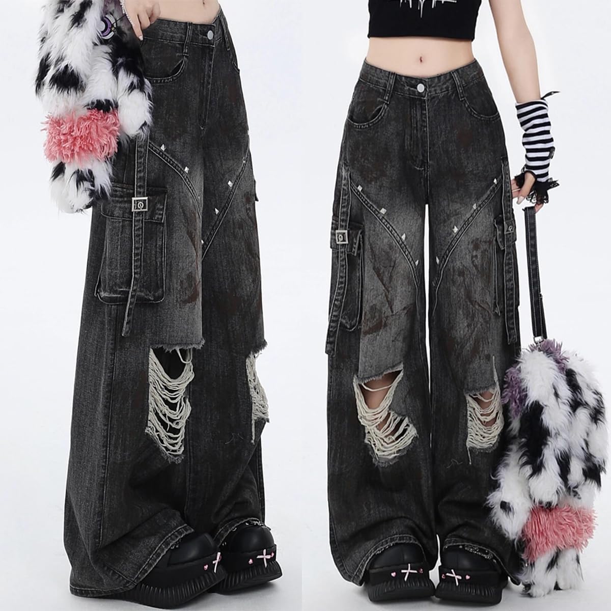 Gothic Women's Jeans Fashion Y2K Vintage Straight High Waist Baggy Wide Leg Ripped Denim Pants Black - Image 3