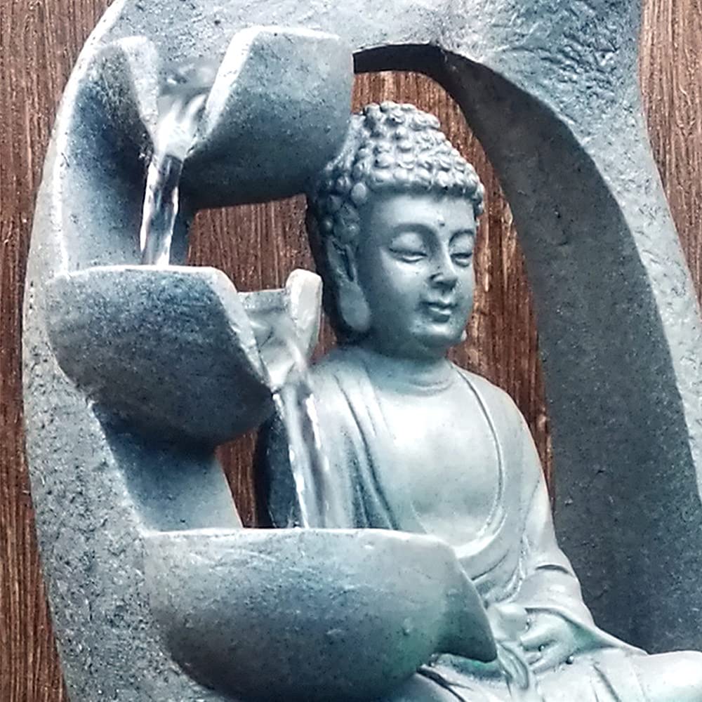 Fontana Buddha con luce LED, fontana da tavolo Shui Zen, decorazione in resina Buddha, fontana in loto, decorazione per interni