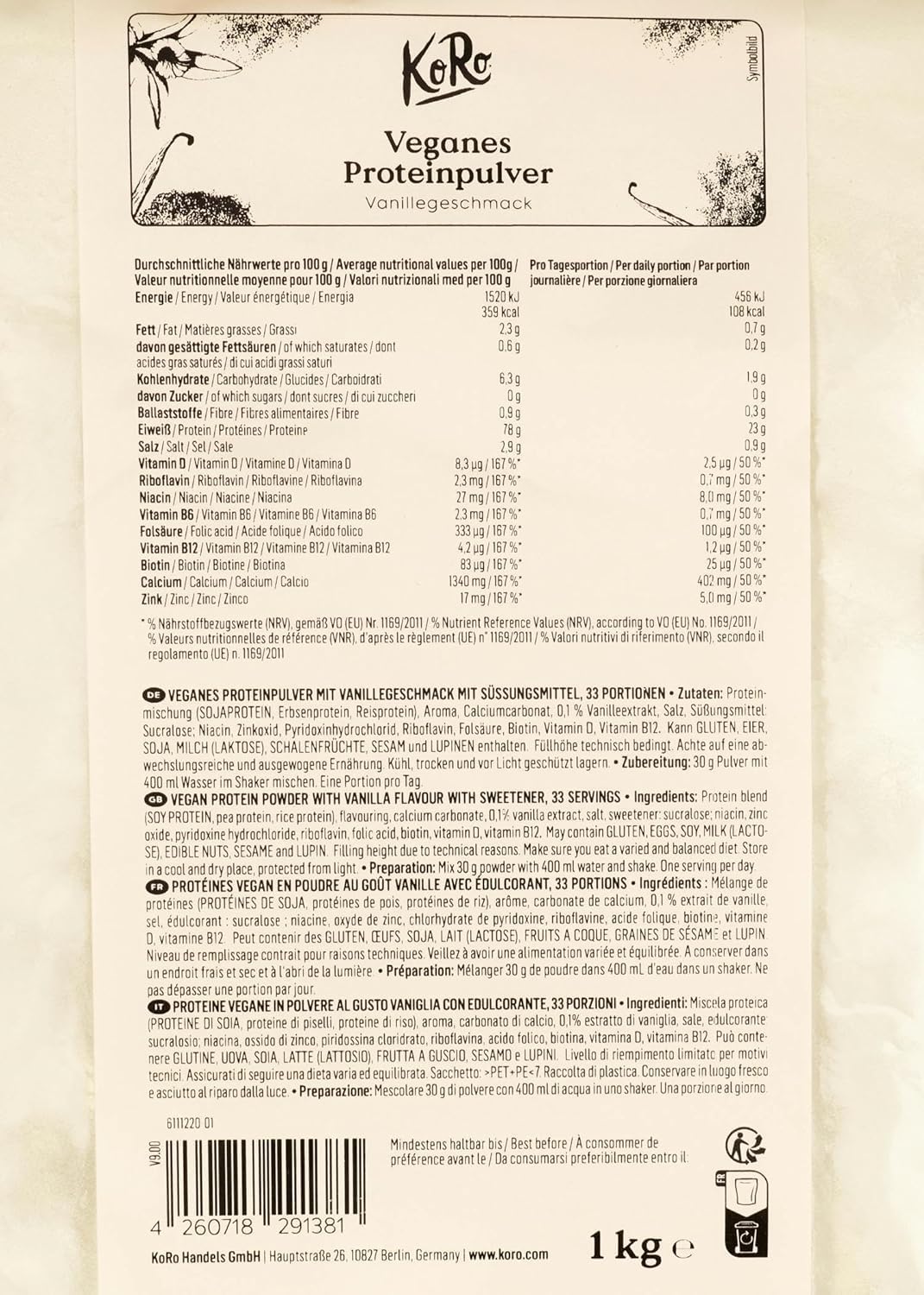 KoRo - Proteine vegane in polvere alla vaniglia | 1 kg