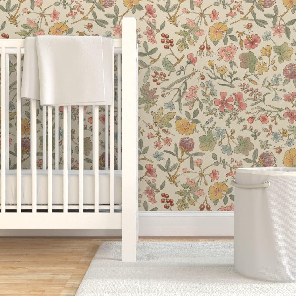 Spoonflower Peel & Stick Wallpaper 6ft x 2ft - Floral Watercolor Vintage Flowers Retro Antique Custom Removable Wallpaper