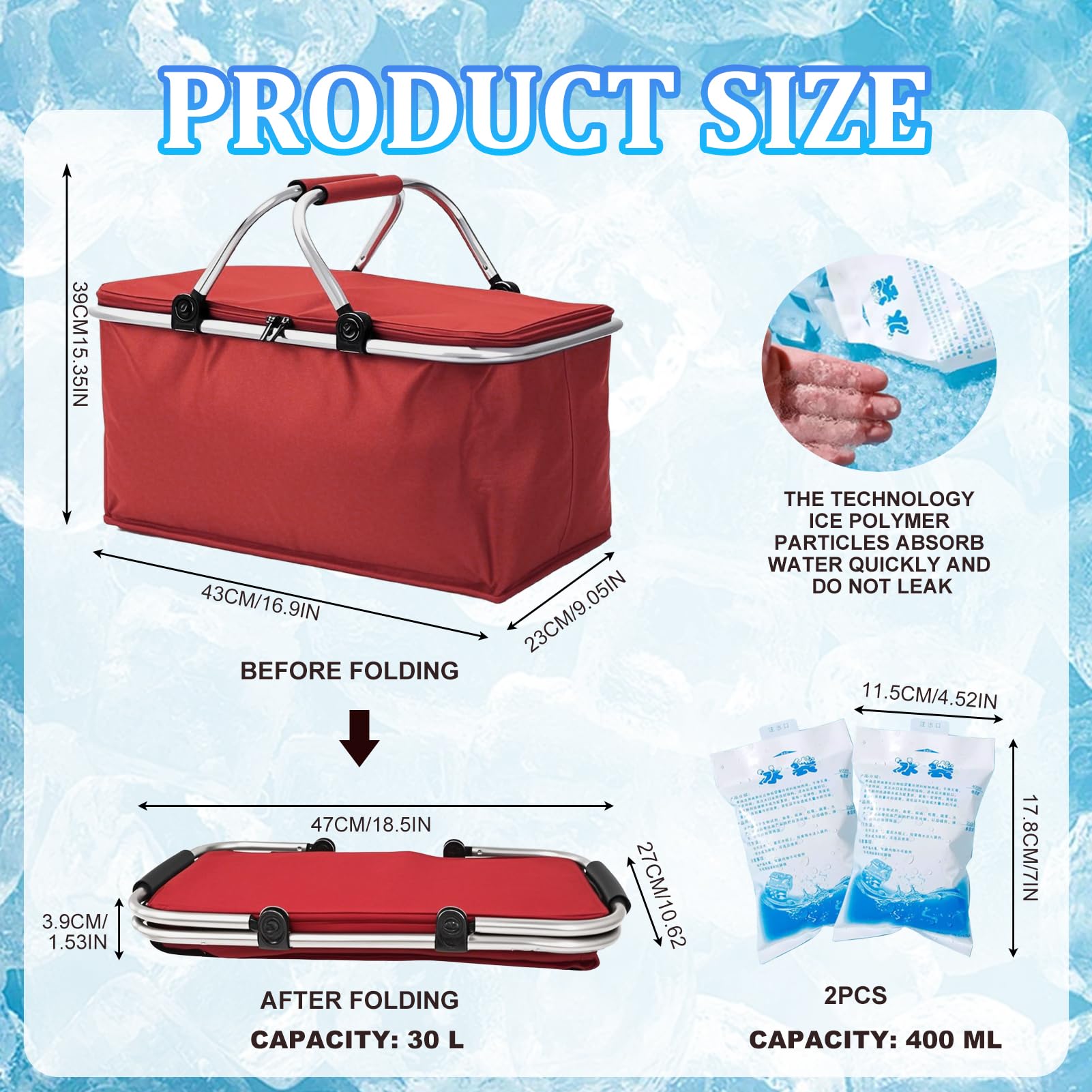 Sac Isotherme, Sac de Pique-Nique de Repas à Déjeuner, Pliable Etanche Isotherme Léger, 30L-Rouge