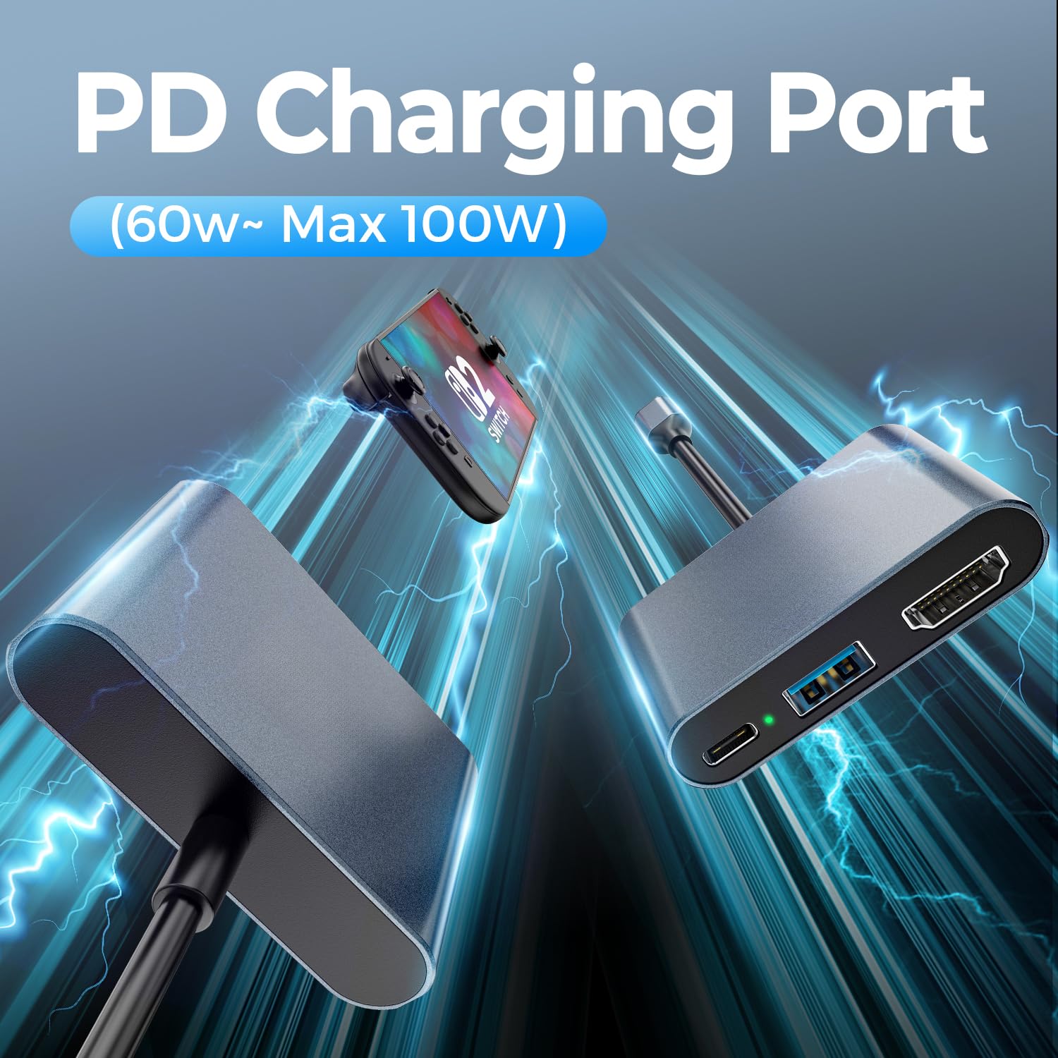 Switch 2 Dock, przenośna stacja dokująca USB C z portem 4K przy 120 Hz/PD 100 W/USB 3.0, podróżna stacja dokująca ze stopu aluminium do Switch/Steam Deck/ROG Xbox Ally X/Legion Go 1/2/S