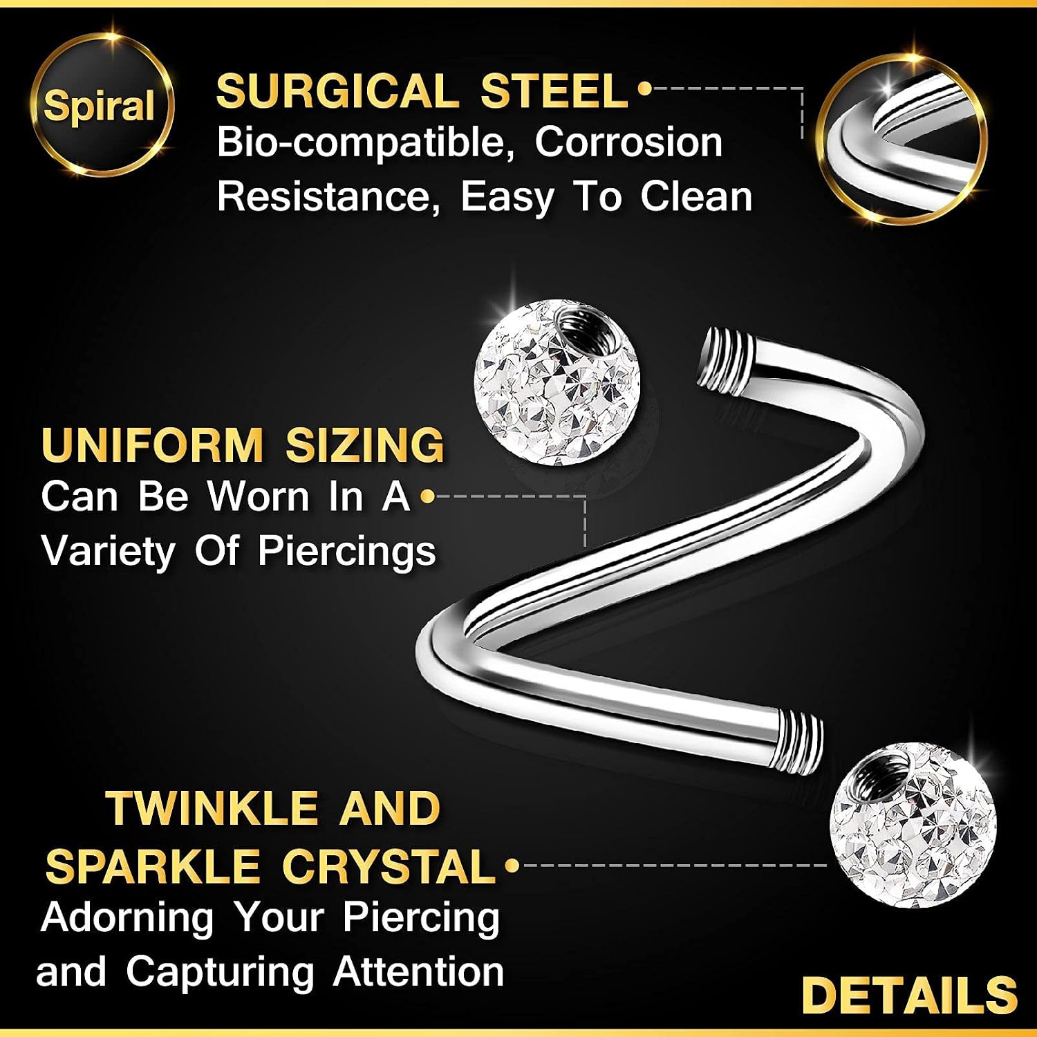 Stainless Steel Twisted Barbell 16 gauge 5/16 8mm 3mm Crystal Ball Lobe Earrings Labret Piercing Jewelry See More Colors