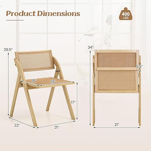 Miniatura 3 de Giantex Juego de 4 sillas plegables de comedor, sillas plegables de madera con respaldo y asiento de ratán, marco de madera de goma resistente,
