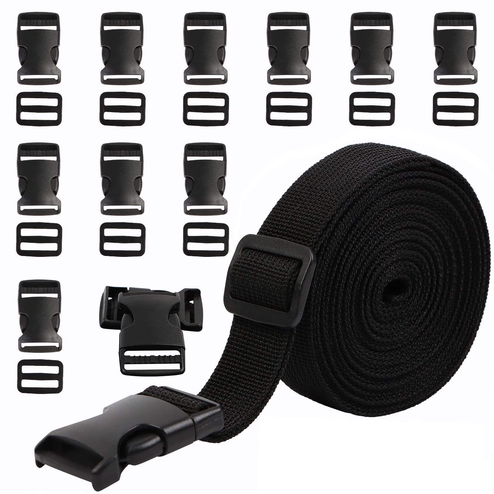 Langtor Set van 15 kunststof gespen met 1 rol 10 meter nylon riem riem riem voor doe-het-zelf maken bagageband, huisdierkraag, rugzak repareren