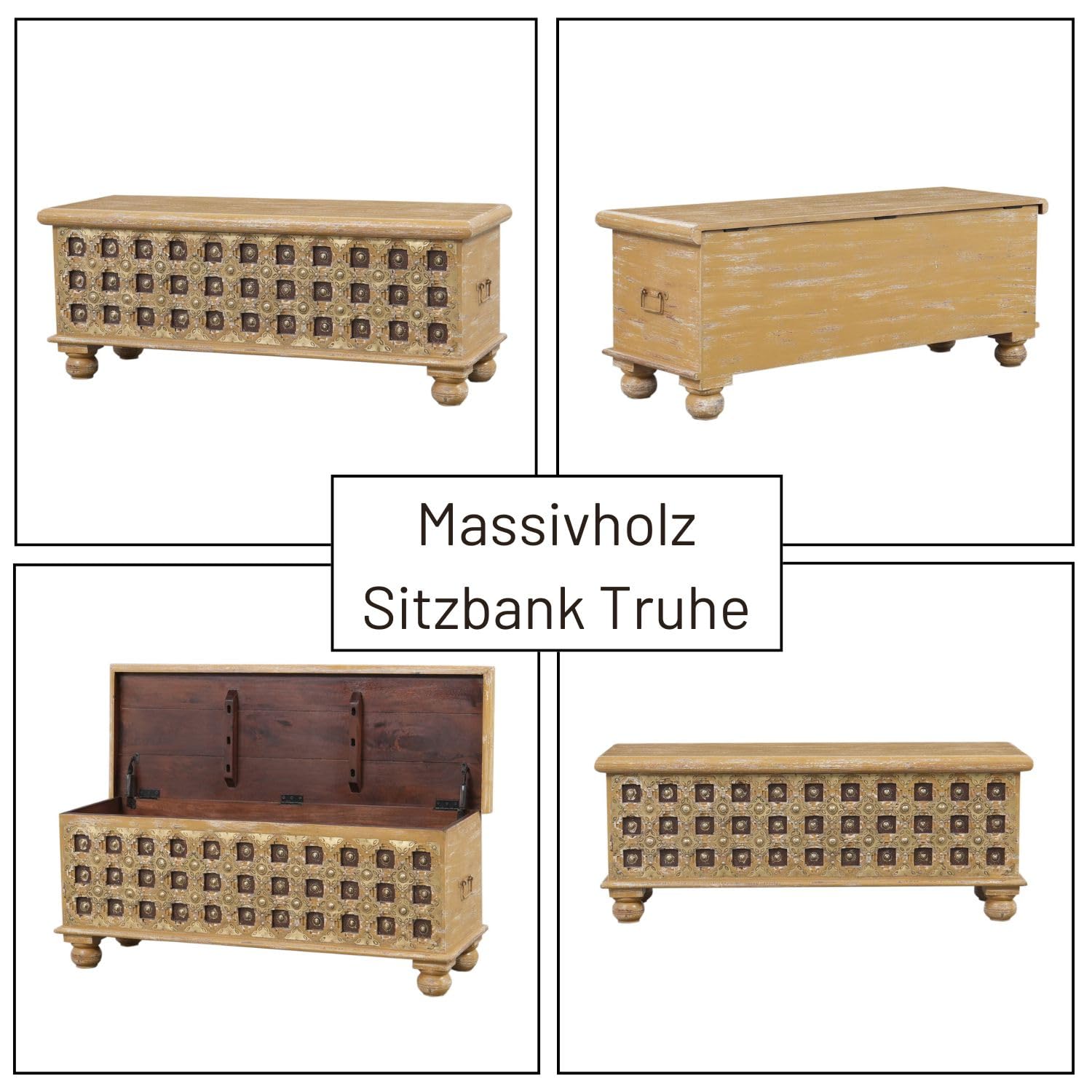 Orientalna skrzynia z drewna buranu, wysokość 1 – 116 cm, w stylu antycznym, ławka do siedzenia z miejscem do przechowywania na korytarzu, pudełko do przechowywania z pokrywką w łazience, skrzynia na pościel jako skrzynia na poduszki lub dekoracja w sypia