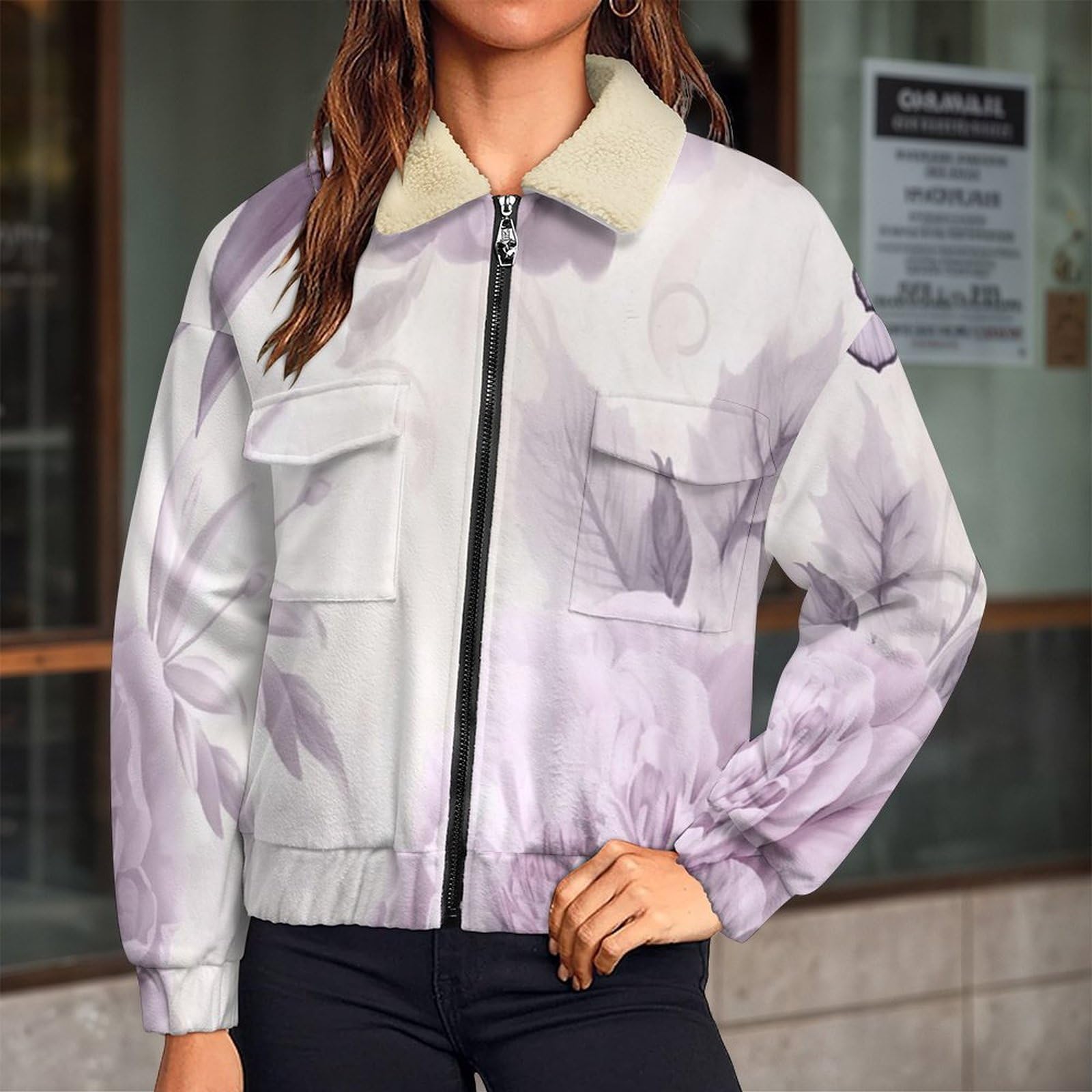 Giacca in Pile da Donna Teddy Fodera Peluche Sherpa con Cerniera, Stampa Rose Peonie, Giacca Elegante floreale Caldo Fleece Maniche Lunghe, Giacche Inverno con Tascabile