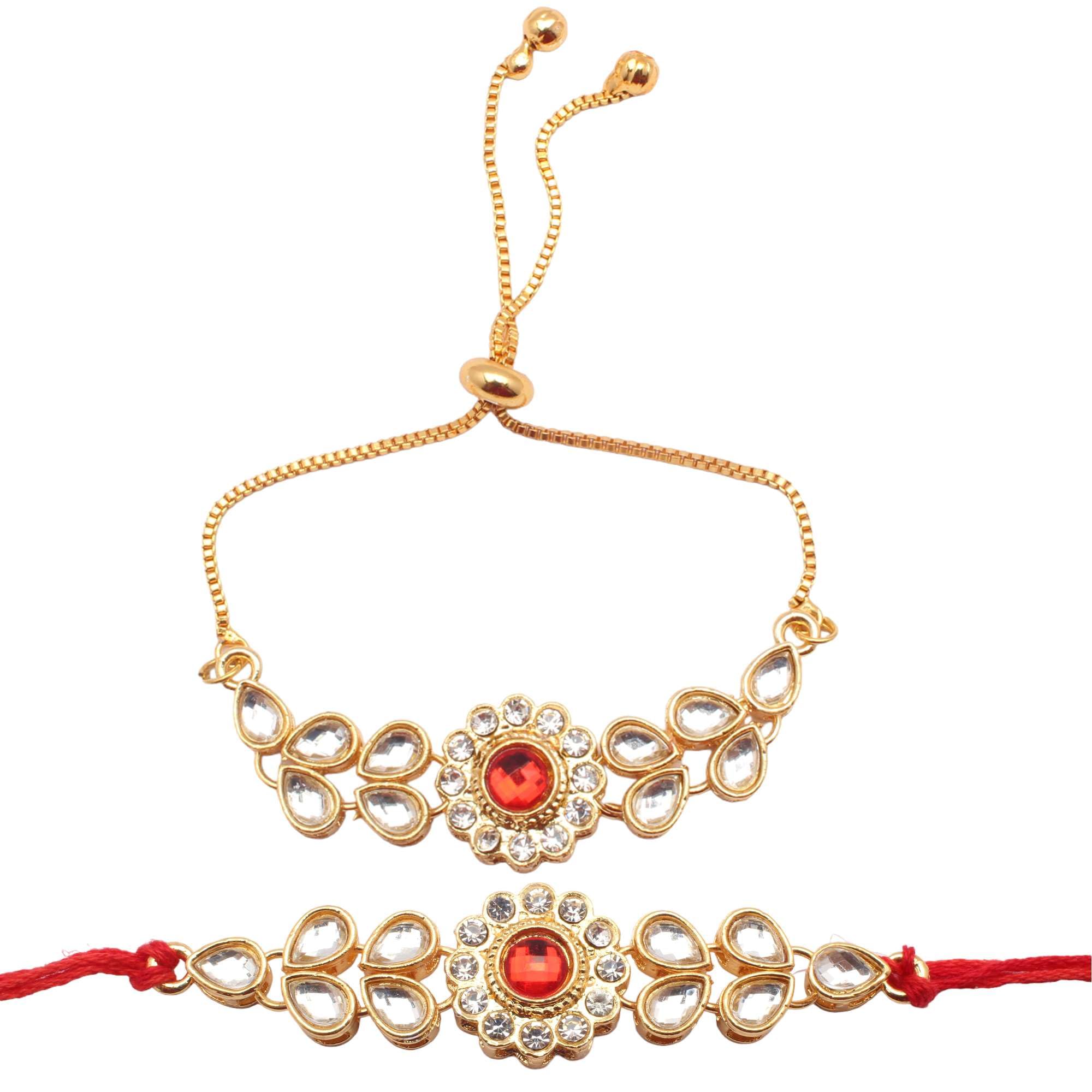 2 designerskie tradycyjne perły i kamienie, wysadzane koralikami zestaw Rakhi dla Bhaiya Bhabhi z opakowaniem Roli Chawal w zestawie do Rakshabandhan Rakhi Combo, zestaw Bhaiya Bhabhi Rakhi