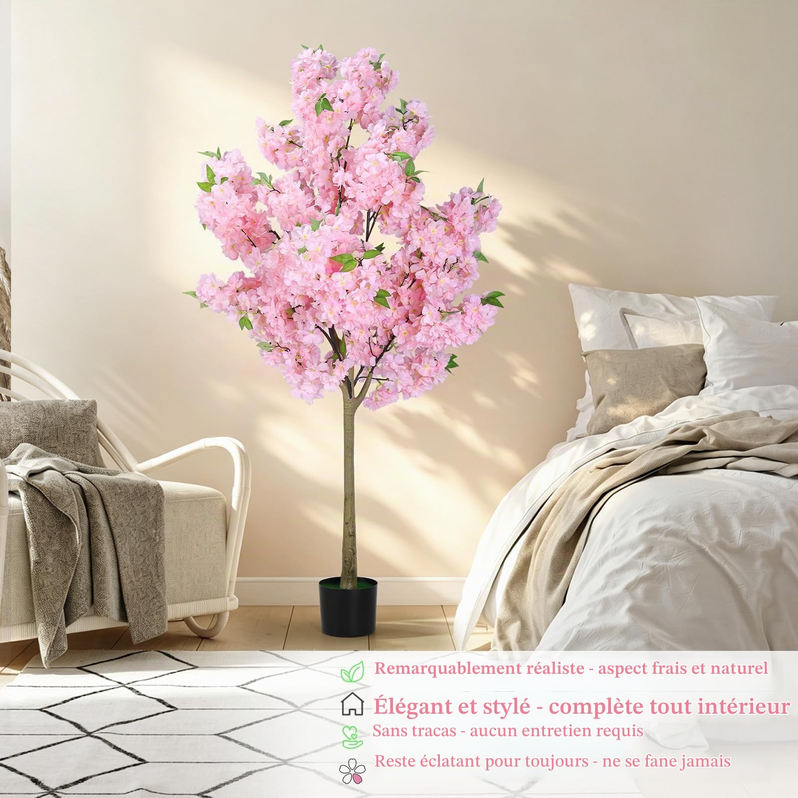 Arbre de Cerisier Artificiel avec Pot, Plante Cerisier Japonais Artificiel pour Bureau, Maison, Mariage, Hôtel .Fleur de Cerisier Interieur 150cm