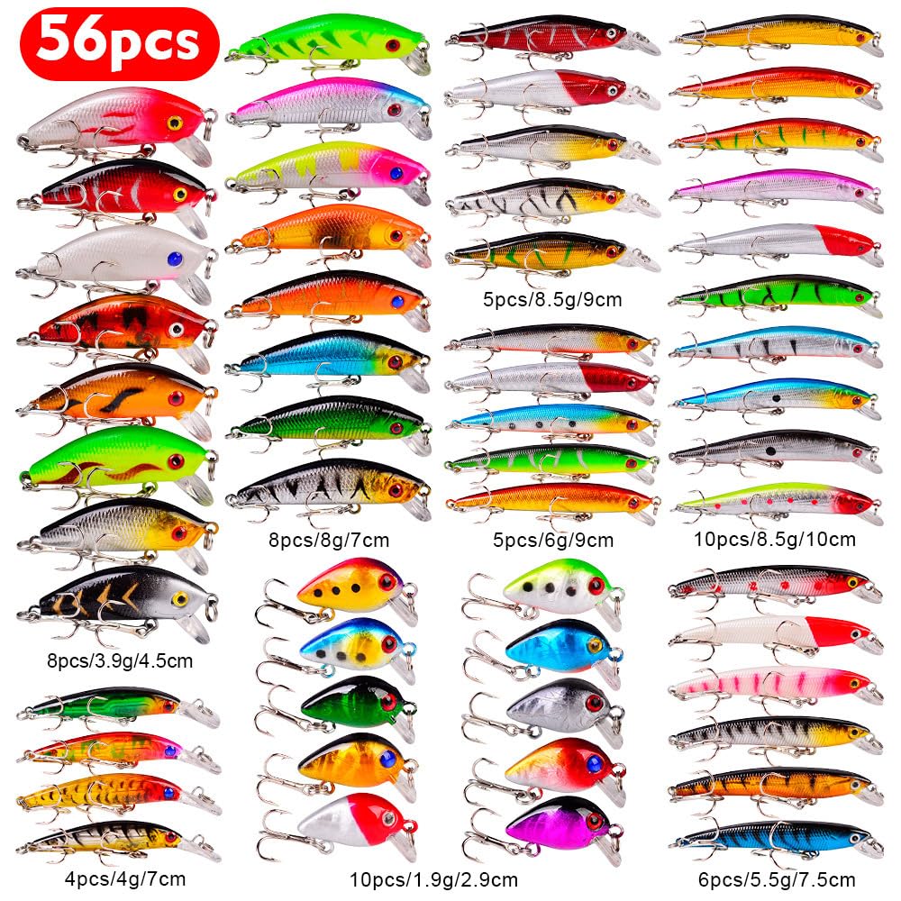 Kit de 56 leurres de pêche Souples et durs avec hameçons pour la pêche en Eau salée et en Eau Douce, au Bar, à la Truite, au sébaste et au Bar