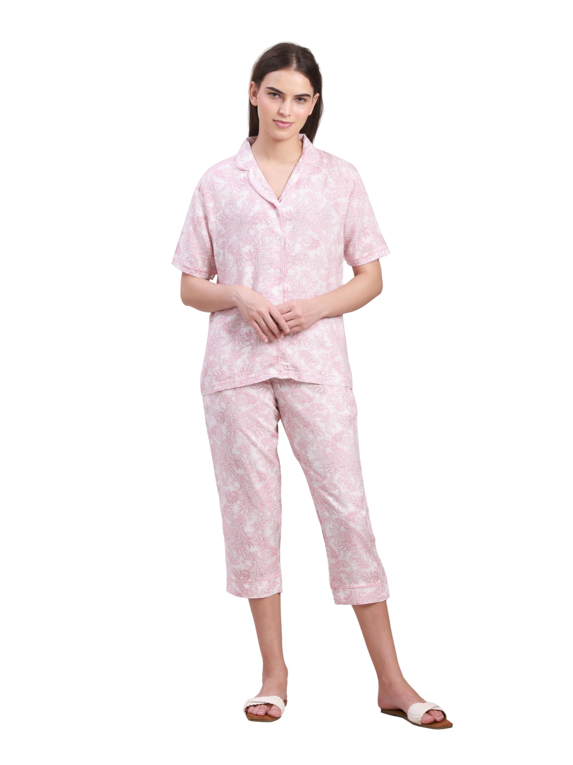 Women's Cotton Printed Night Suit Set | Co-Ord Short Sleeve Shirt & Capri Pajama | Soft Breathable Lounge Sleepwear | Button-Down Top & Capri Bottoms-image-13