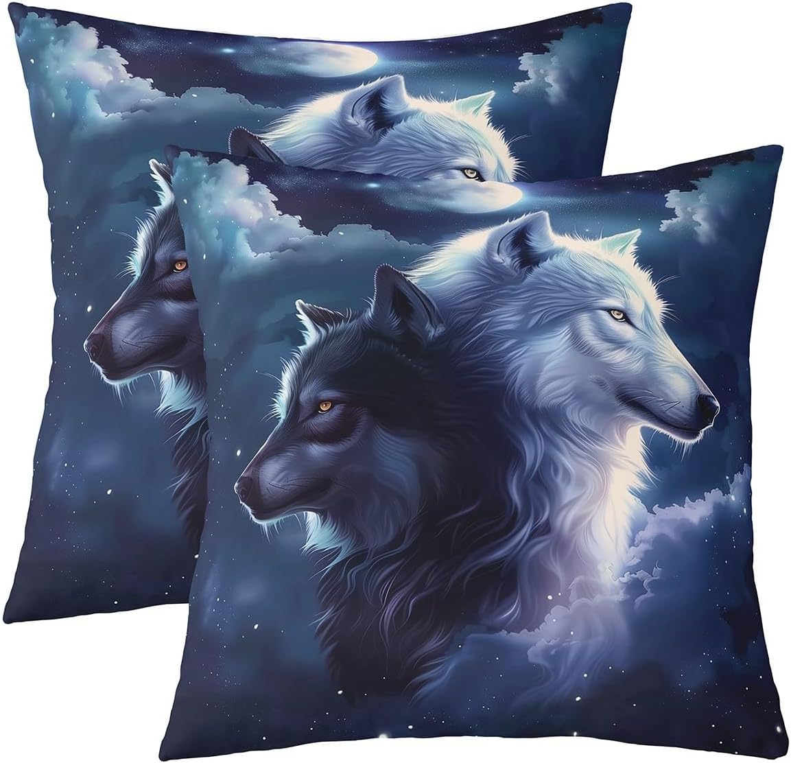 ManfeiWolf Couples Double Sides Print Pillow Covers for Couch,Black White Wolves Nature Wild Animal Throw Pillow Case Covers,Starry Sky Moon Clouds Dreamy Glitter 20"x 20" Cushion Covers,Pack of 2